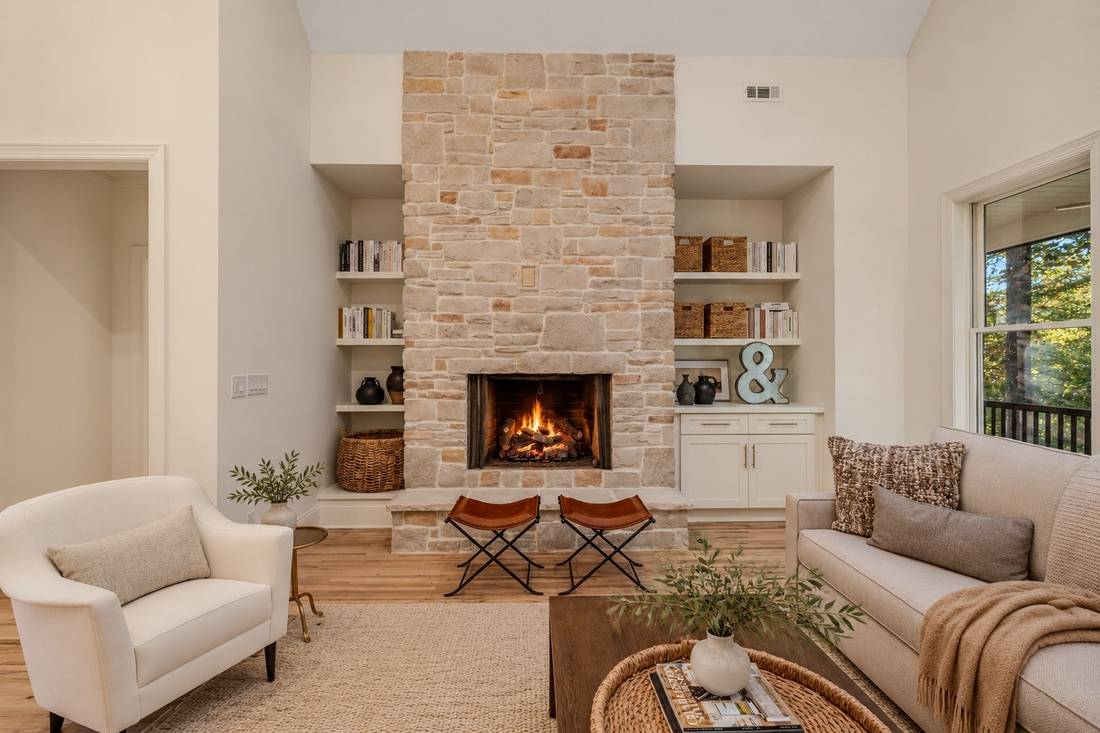 Fireplace and built-in shelving (virtually staged)