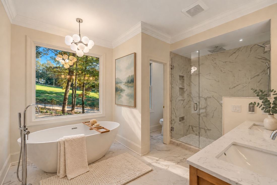 Primary bath, soaking tub (virtually staged)