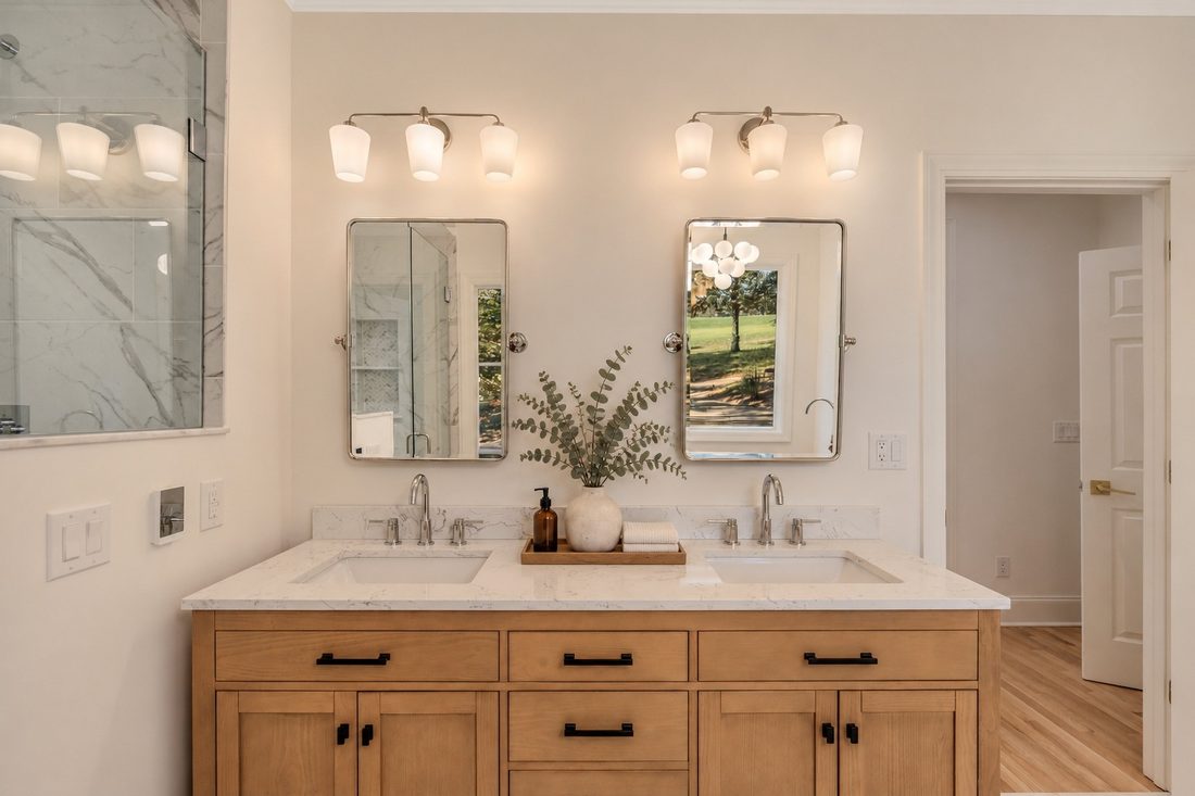 Primary bath, double vanity (virtually staged)