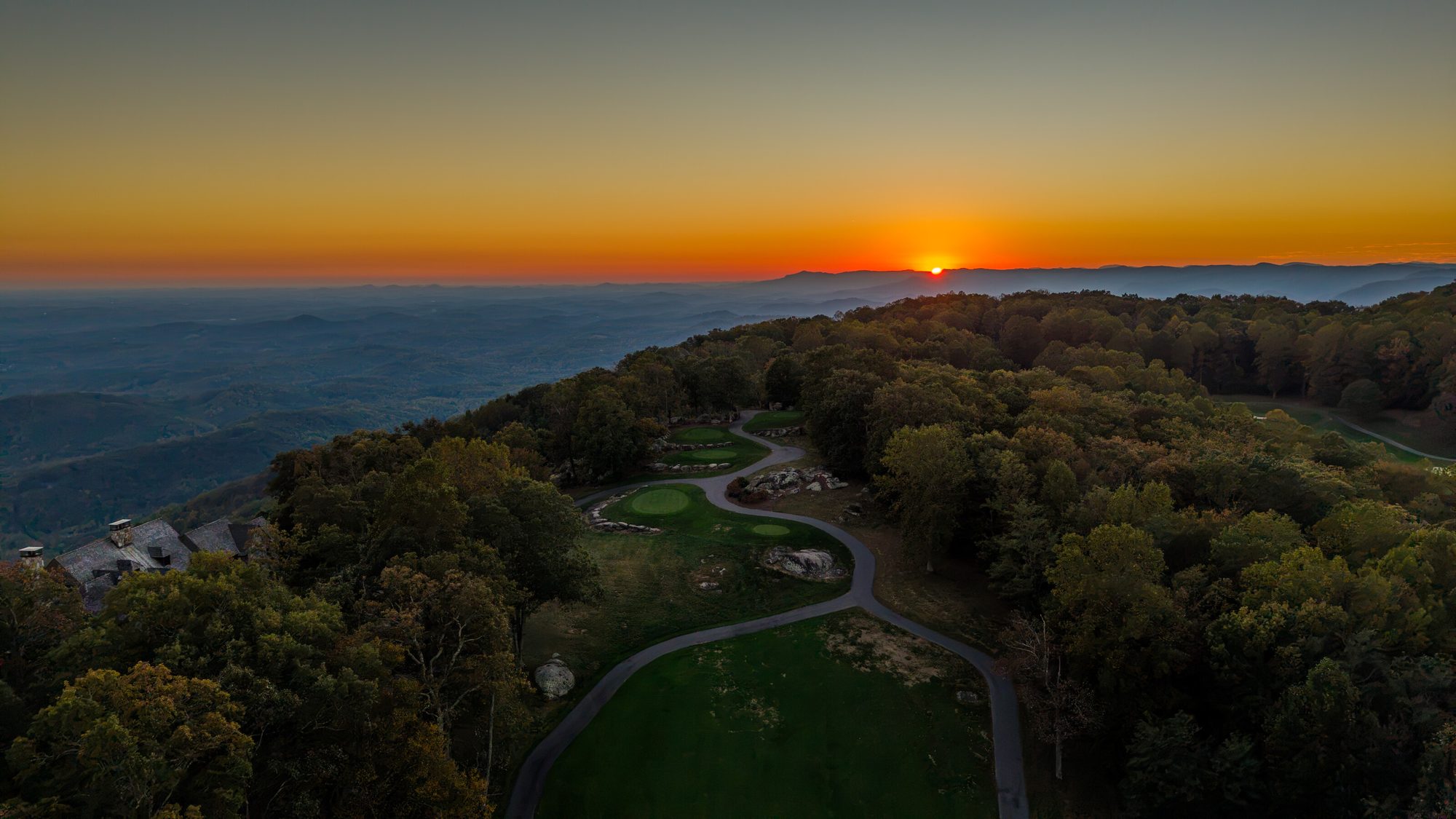 Aerial at sunset over the Glassy course and the long view